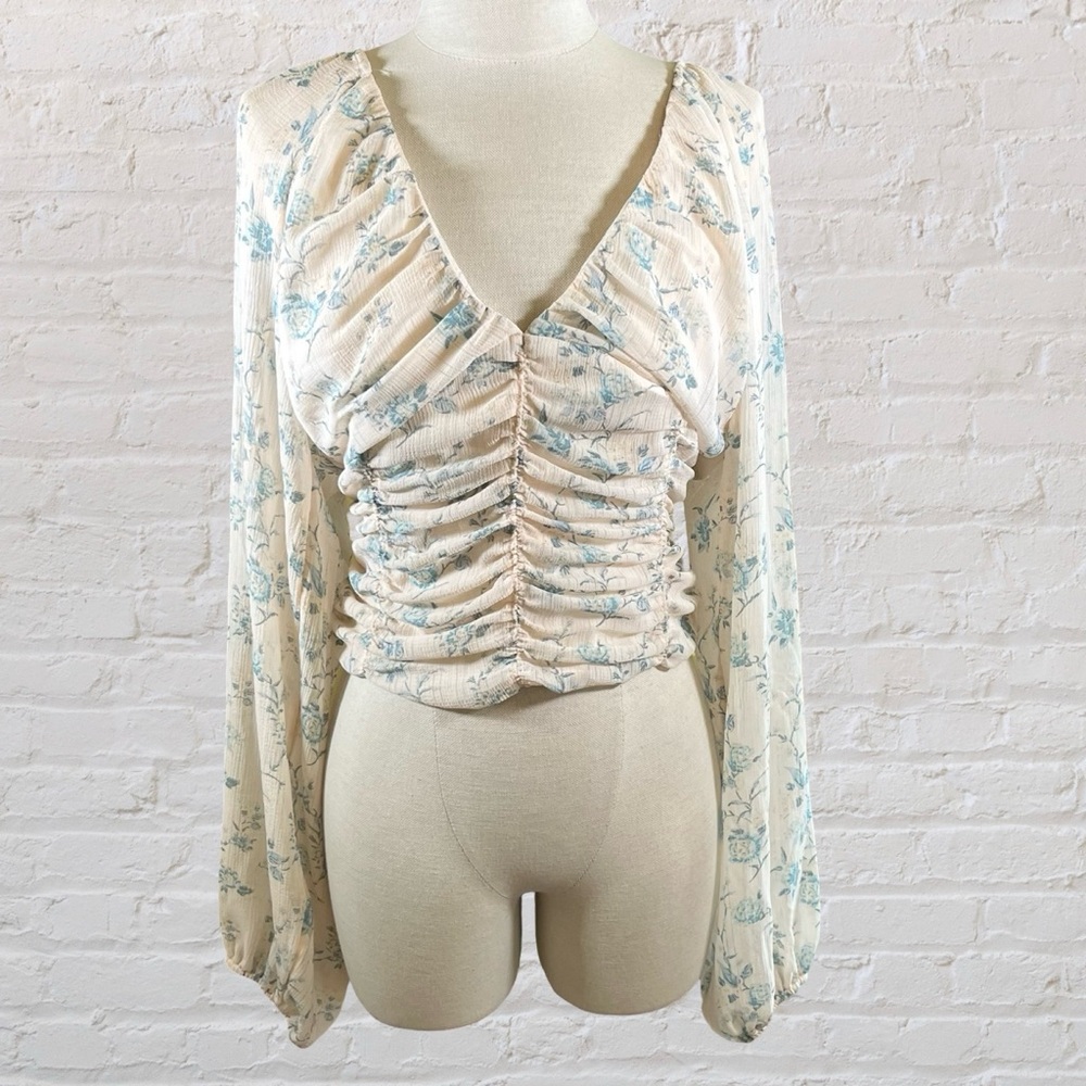 Free People Cream and Blue Floral Ruched Blouse